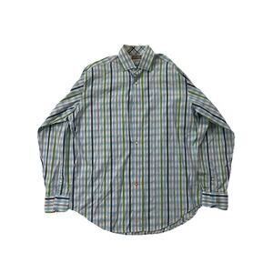 Mens Thomas Dean Blue Green Striped Cotton Flip Cuff Spread Collar Shirt L